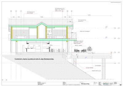Snittegning som viser bygningens tverrsnitt, inkludert fundament, etasjer, takkonstruksjon og grunnforhold.
