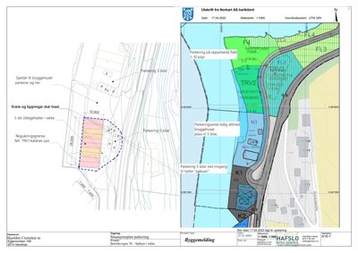 Situasjonsplan som viser parkeringsløsninger, arealbruk og bygningssituasjon for et prosjekt.