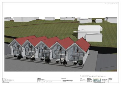 3D-visualisering (rendering) av et utomhusplan for en rekkehusbebyggelse, inkludert omgivelser og nabolag.