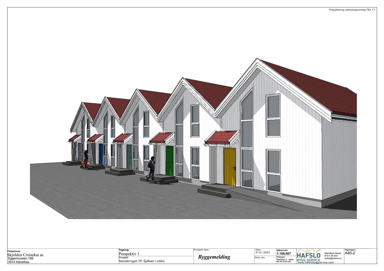 3D-visualisering (rendering) av en rekkehusbebyggelse sett fra en vinkel som viser fasader og taklinjer.