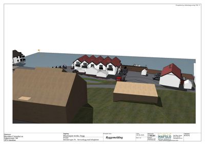 3D-visualisering av et byggprosjekt med omgivelsene, inkludert parkering og nabolag.