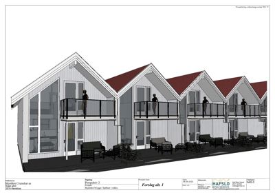 3D-visualisering (rendering) av et forslag til fasade og utforming av en rekkehusbebyggelse.