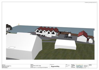 3D-visualisering (rendering) av et byggeprosjekt som viser tomt, plassering av nye og eksisterende bygninger, veier og parkering.