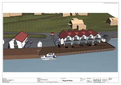 3D-visualisering (rendering) av et fasadeoppsett med bygninger, parkering og en kai ved vann.