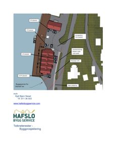 Situasjonsplan som viser plassering av bygninger, parkeringsplasser, veier og grøntområder i forhold til kystlinjen.