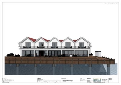 3D-visualisering (rendering) av en bygning sett fra siden, som viser fasade, balkonger og grunnkonstruksjon.
