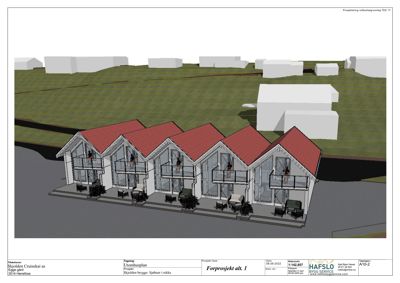 3D-visualisering (rendering) av et forprosjekt for en rekkehusbebyggelse. Bildet viser fasade, takform, balkonger og omgivelsene.