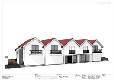 3D-visualisering (rendering) av fasaden på en rekkehusbebyggelse med balkonger og terrasser.