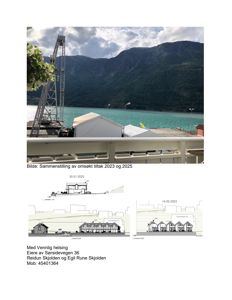 Et fotografi av en bygning ved vannet med en kran i bakgrunnen, kombinert med to mindre tegninger av fasader underfor.