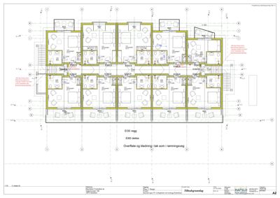 Etasjeplan (1. etasje) som viser romfordeling, veggtykkelse (EI30/EI60), dører, vinduer og møblering for flere leiligheter.