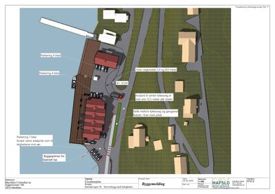Situasjonsplan som viser tomtens beliggenhet, bygninger, parkeringsområder, veier og avgrensninger.