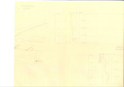 Bildet viser en situasjonsplan (topografisk kart) med et snittprofil (profil) av terrenget. Det er tegnet med håndskrift og viser konturlinjer, høydemål og bygningsplassering.
