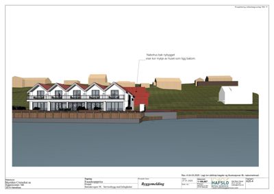 3D-visualisering (rendering) av fasadeopprikk for et servicebygg med leiligheter. Bildet viser bygningens utseende, beliggenhet ved vann, og omgivelser inkludert nabohus og heger.