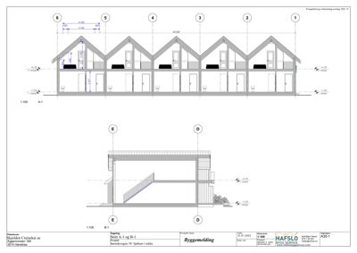 Snittegning (A-1 og B-1) som viser bygningens tverrsnitt, romfordeling, trapp og høydemål.