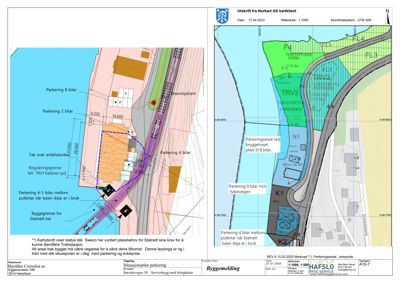 Situasjonsplan som viser parkeringsarealer, bygninger og infrastruktur i forhold til hverandre.