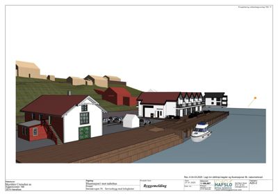 3D-visualisering (rendering) av et servicebygg med leiligheter og nabohus, inkludert omgivelsene som vann, kai og båt.