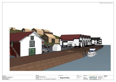 3D-visualisering (rendering) av fasade og omgivelser for et servicebygg med leiligheter.