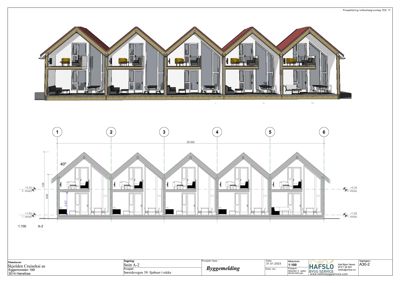 Snittegning (A-2) som viser tverrsnittet av en rekke med hytter, inkludert romfordeling, høyder og konstruksjonsdetaljer.