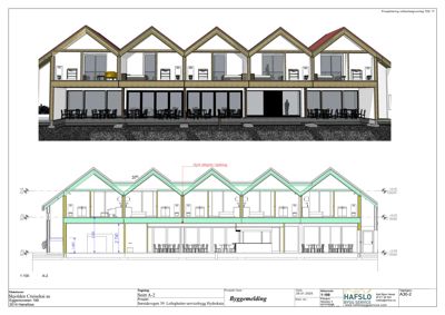 Bildet viser en snittegning (A-2) av en bygning med to etasjer, inkludert detaljer om takkonstruksjon, vinduer, dører og innredning.