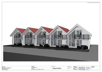 3D-visualisering (rendering) av en rekkehusbebyggelse med balkonger og utemøbler.