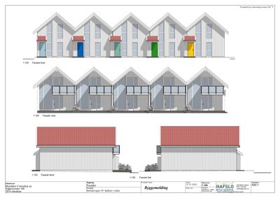 Fasadetegning som viser oppriss av bygningens ytre utseende fra fire sider (Aust, Vest, Nord og Sør).