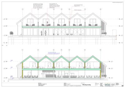 Tegning som viser tverrsnittet av en bygning (eller flere sammenhengende bygninger) med detaljer om konstruksjon, høyder og materialer.