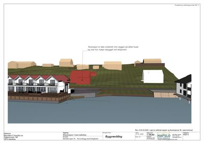 3D-visualisering (rendering) som viser et nytt hus i forhold til eksisterende nabolag og terreng.