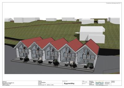 3D-visualisering (rendering) av et fasadeoppsett for en rekkehusbebyggelse. Bildet viser bygningens utvendige utseende, inkludert takform, fasadematerialer, balkonger og omgivelser.