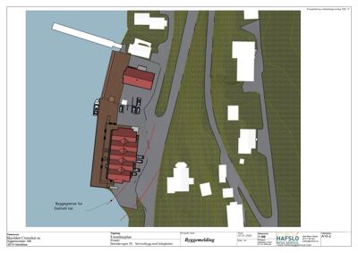 Et fasadeoppriss (utomhusplan) som viser bygningenes plassering, form og orientering sett fra oven.
