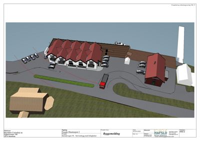 3D-visualisering (rendering) av et servicebygg med leiligheter, inkludert omgivelsene, parkering og nabolag.