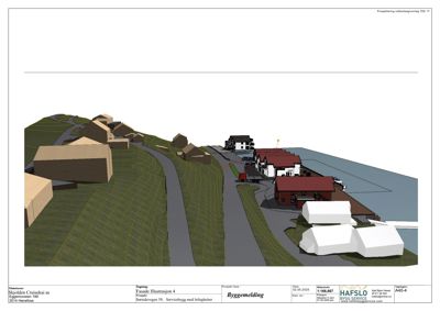 3D-visualisering (rendering) av et fasadeoppsett med bygninger, vei og terreng.