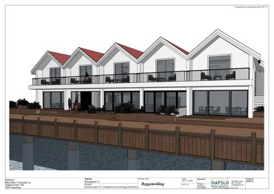 3D-visualisering (rendering) av fasaden på en planlagt bygning med balkonger og terrasse.