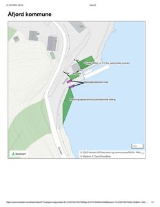 Kartutsnitt fra Afjord kommune som viser et område ved kysten med topografi, eksisterende bygninger (103, 105, 100) og planlagte tiltak som flytting av brygge og oppstramming av fylling.