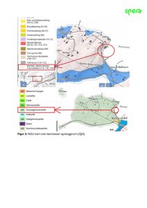 Kart over løsmasser og berggrunn (geologi) med nøkkel og markerte områder.