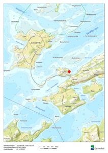 Kart over Lauvøya og omegn med topografi, vannveier, veier og et markert punkt (rød prikk) ved Barøya.