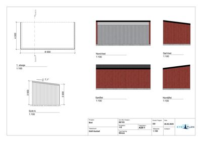 Fasadetegning som viser oppriss av bygningens yttervegger (NorsVest, SerVest, SerØst, NordØst) samt et snitt (Snitt A) og et etasjesnitt (1. etasje).