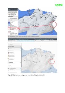 Kart som viser leiassepotensiale (marin leire og kvikkleire) med overlagte topografi og vegnett.