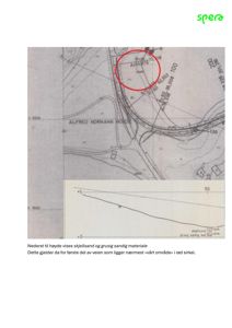 Kart med topografiske linjer, veier og tekst om skjellsand/grusig materiale i et område.