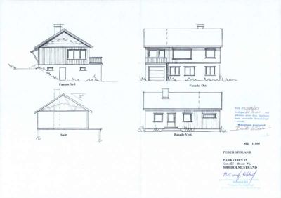Fasadetegning med oppriss av bygning sett fra fire sider (Sør, Øst, Vest) og et snitt.