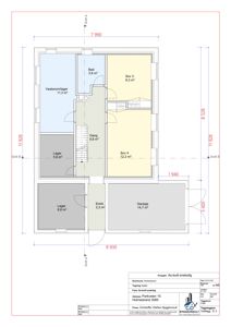 Etasjeplan for enebolig som viser romfordeling, arealer og dimensjoner.