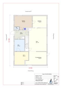 Etasjeplan (Plan 1. etasje) som viser romfordeling, arealer og fasaderetninger for en enebolig.