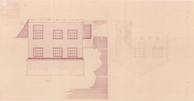 Fasadetegning som viser fronten på en toetasjes bygning med vinduer, dør og tak.