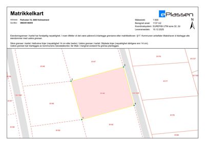 Matrikkelkart som viser eiendomsgrenser, matrikkelnummer og areal for eiendommen på Parkveien 15 i Holmestrand.