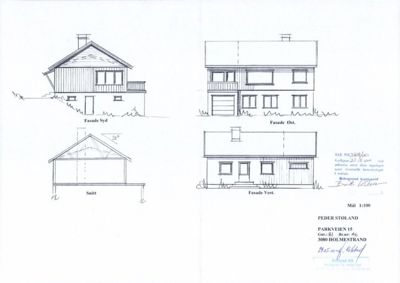 Fasadetegning med oppriss av bygning sett fra fire sider (Sør, Øst, Vest og et snitt).