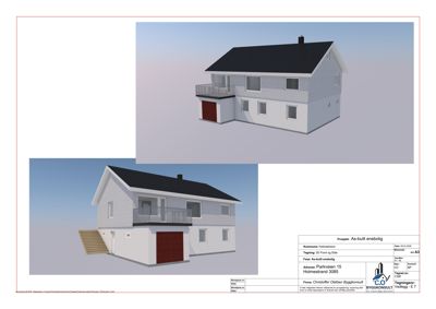 3D-visualisering (rendering) av en planlagt enebolig, vist fra to ulike vinkler (front/side og side/foran).