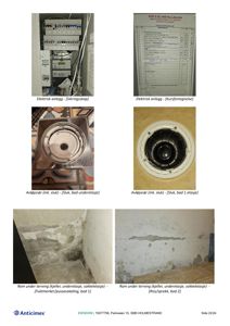 Et sammensatt bilde (collage) som viser flere fotografier av en bygning, inkludert elektrisk sikringsskap, avløpsrør og fukt- eller soppskader i rom under terreng.
