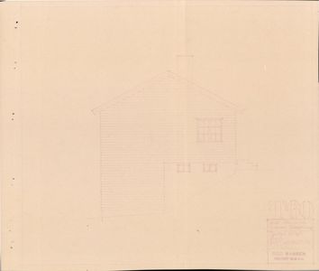 En tegning som viser fasaden (framsiden) på et hus sett fra fronten. Tegningen viser takform, vinduer, trapp og en del av grunnmuren.