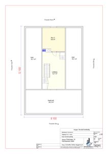 Etasjeplan for etasjen 2 (loft) som viser romfordeling, arealer og fasader.