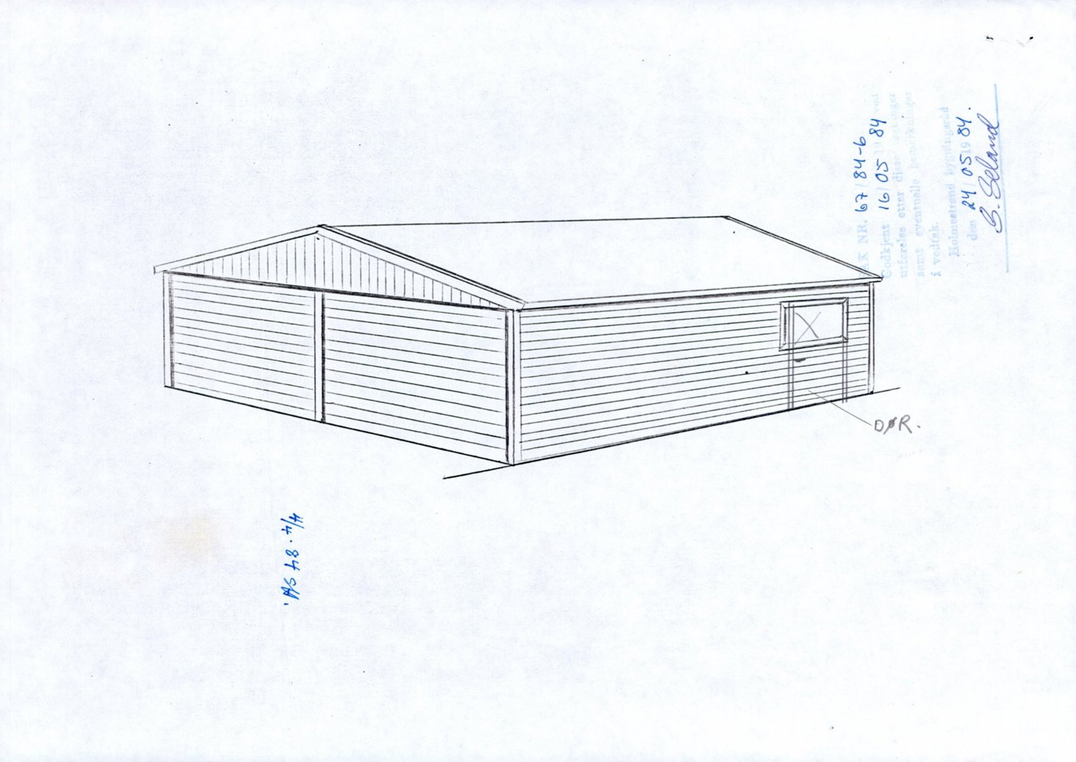 Håndtegnet 3D-visualisering (skisse) av en bygning sett fra en vinkel, med håndskrevne mål og datoer.