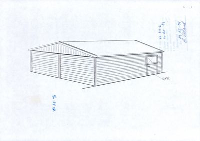 Håndtegnet 3D-visualisering (skisse) av en bygning sett fra en vinkel, med håndskrevne mål og datoer.